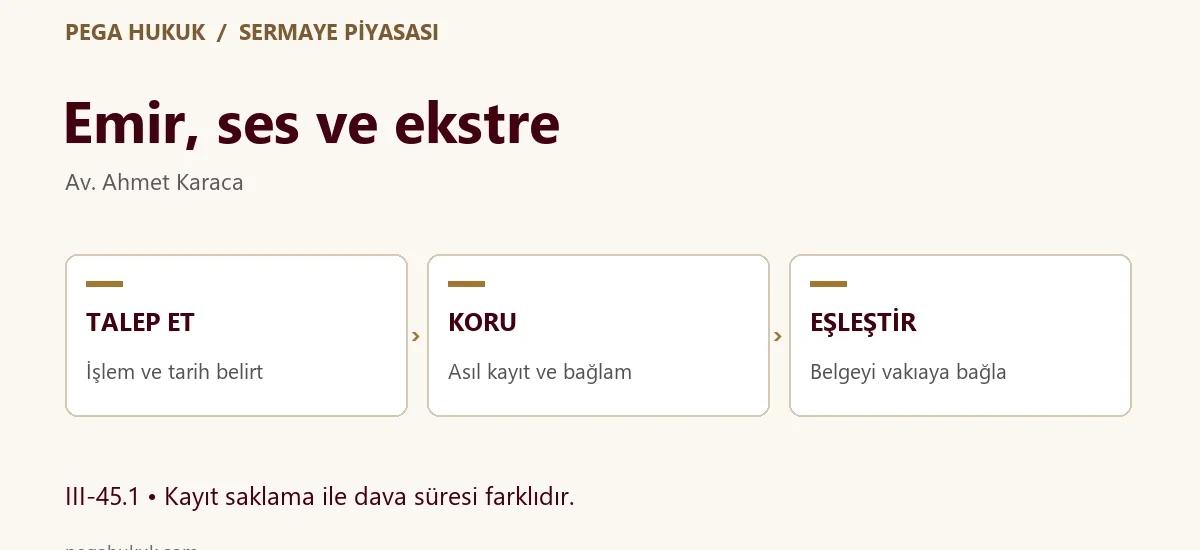 Emir, ses ve ekstre: İşlem ve tarih belirt, Asıl kayıt ve bağlam, Belgeyi vakıaya bağla.