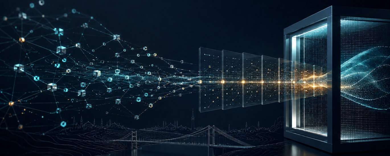 Abstract blockchain evidence paths converging on a secure recovery point above the Bosphorus