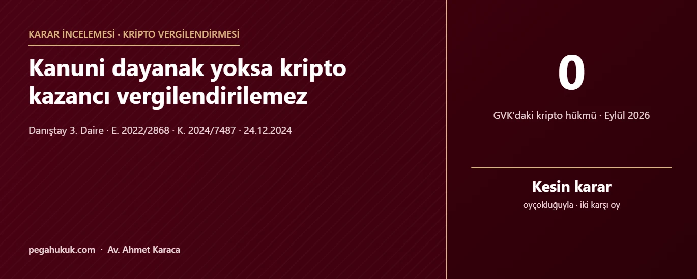 Danıştay 3. Daire E. 2022/2868 K. 2024/7487 kararı: kanuni dayanak yoksa kripto kazancı vergilendirilemez
