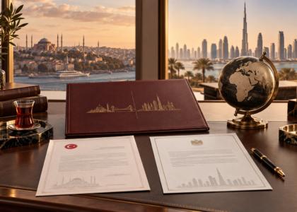 İstanbul ve Dubai silüetleri önünde iki ülkeyi temsil eden şirket belgeleri ve dünya küresi.