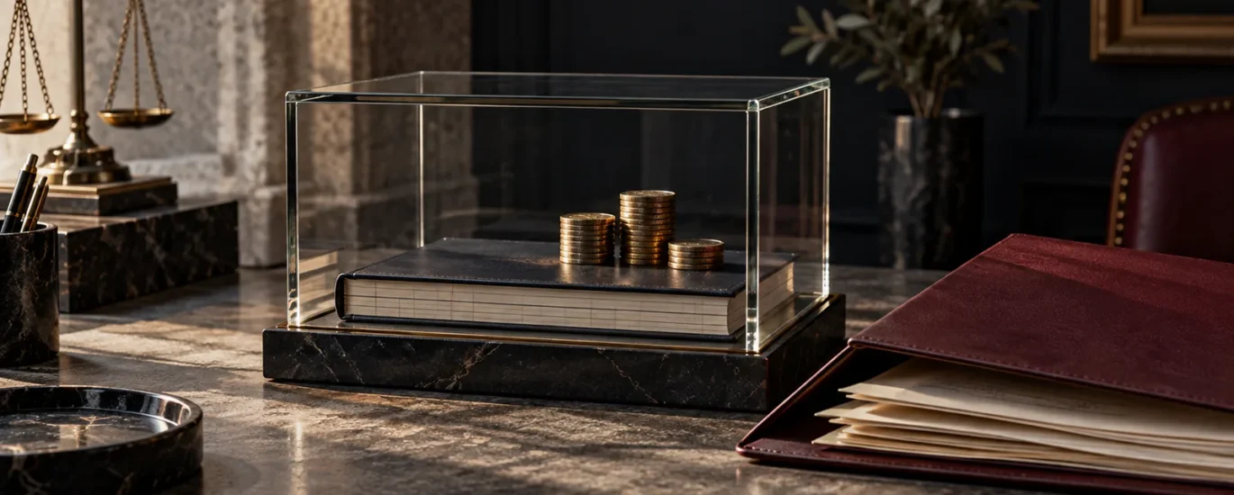 Forex alacağının geçici korunmasını temsil eden cam muhafaza, hesap defteri ve hukuk dosyası