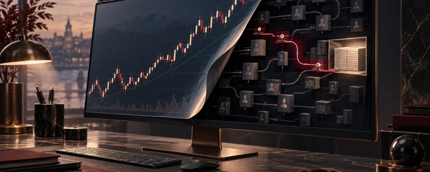 Forex grafiğinin arkasında gizlenen hesap bağlantıları ve belgelenen para akışını gösteren kavramsal görsel