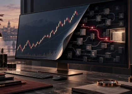 Forex grafiğinin arkasında gizlenen hesap bağlantıları ve belgelenen para akışını gösteren kavramsal görsel