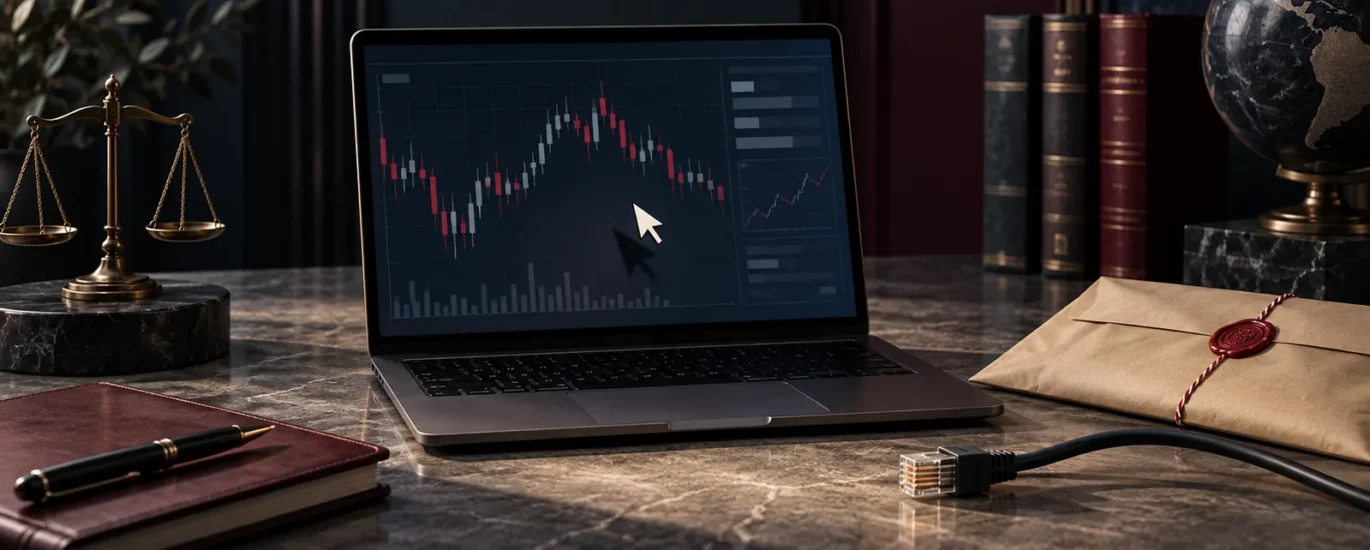 Forex ekranına uzaktan erişimi ve kayıtların korunmasını temsil eden bilgisayar ve belge zarfı