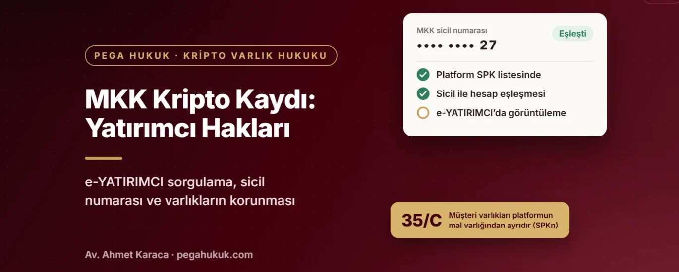 MKK kripto kaydı ve yatırımcı hakları kapağı: maskelenmiş MKK sicil numarası, SPK listesi ve e-YATIRIMCI kontrol adımları ile SPKn 35/C müşteri varlıklarının ayrılığı notu