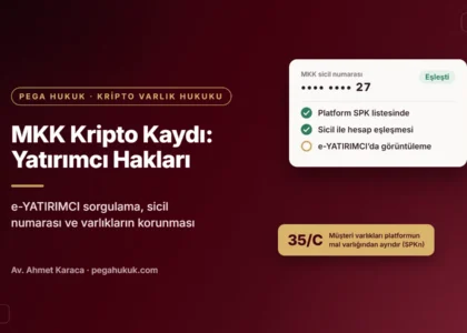 MKK kripto kaydı ve yatırımcı hakları kapağı: maskelenmiş MKK sicil numarası, SPK listesi ve e-YATIRIMCI kontrol adımları ile SPKn 35/C müşteri varlıklarının ayrılığı notu