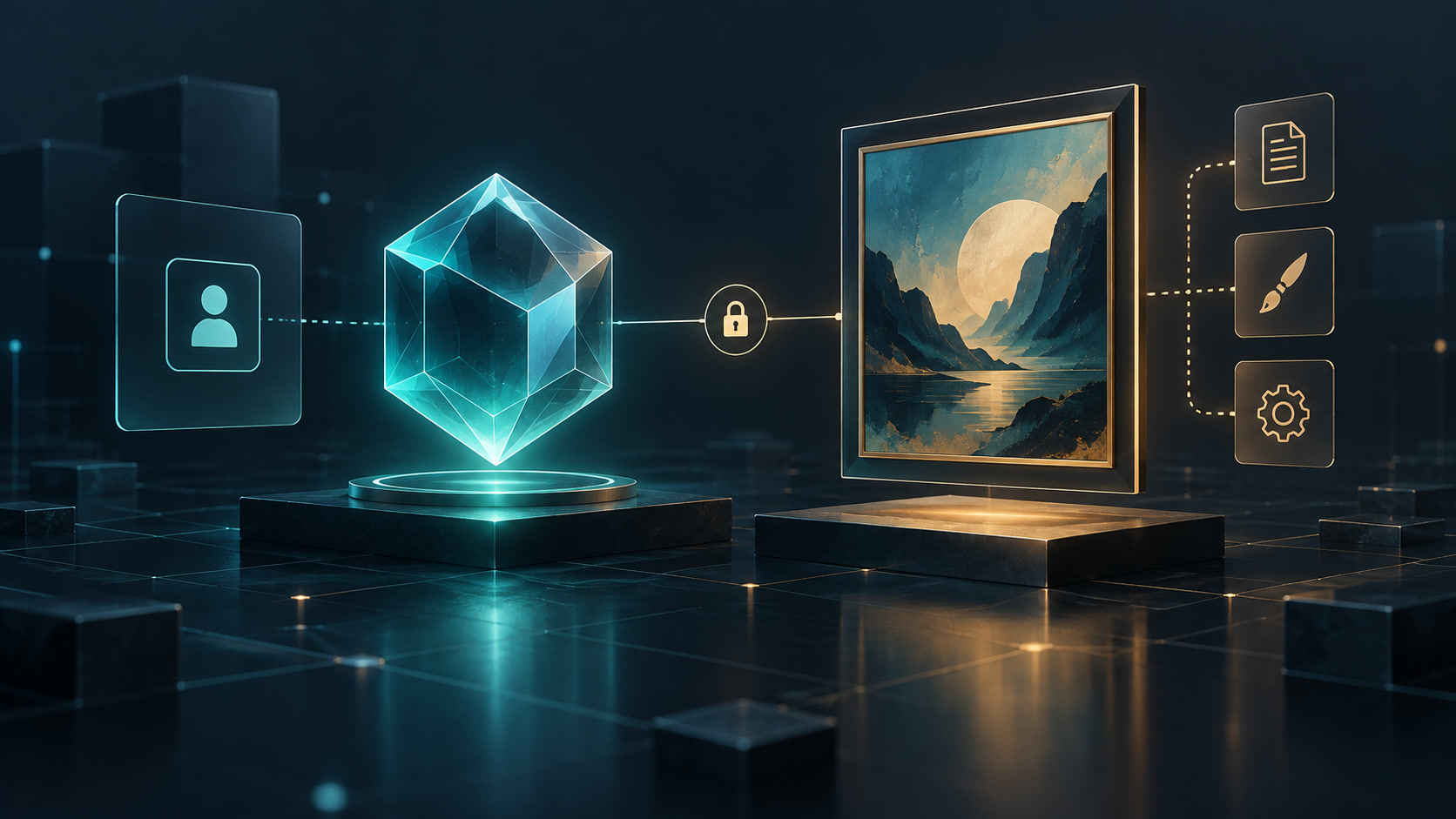 NFT token sahipliği ile dijital eser üzerindeki fikri mülkiyet haklarını ayıran koyu lacivert ve turkuaz illüstrasyon