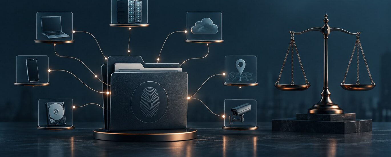 Telefon, bilgisayar, sunucu ve bulut kayıtlarının dijital delil dosyasında toplanmasını gösteren illüstrasyon