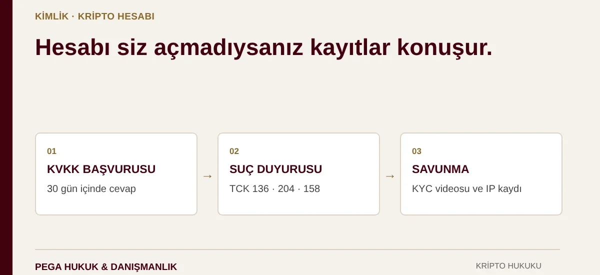 Adına açılan kripto hesabında KVKK başvurusu, suç duyurusu ve KYC ile IP kayıtlarına dayalı savunma adımları