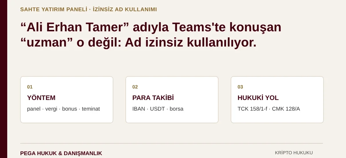 Ali Erhan Tamer adının izinsiz kullanıldığı sahte yatırım yöntemi: yöntem, para takibi ve hukuki yol (TCK 158/1-f, CMK 128/A)