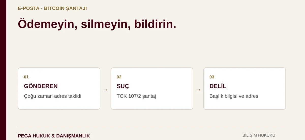 Bitcoin isteyen şantaj e-postasında gönderen taklidi, TCK 107/2 şantaj suçu ve başlık bilgisiyle delil saklama