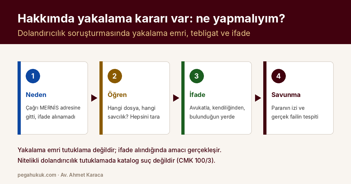 Hakkımda yakalama kararı var: dolandırıcılık soruşturmasında yakalama emri, tebligat, ifade ve para izine dayanan savunma — kapak görseli