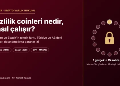 Gizlilik coinleri rehberi kapak görseli: Monero’da gerçek çıktının 15 sahte çıktı arasında saklandığı 16 adaylı halka ve kilit simgesi