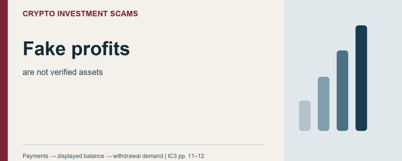 Crypto Investment Scams: Fake profits. are not verified assets. Payments to displayed balance to withdrawal demand | IC3 pp. 11-12