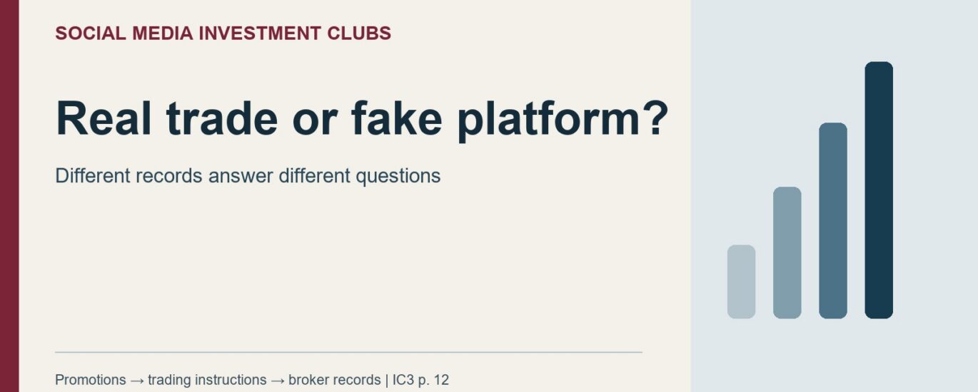 Social Media Investment Clubs: Real trade or fake platform?. Different records answer different questions. Promotions to trading instructions to broker records | IC3 p. 12