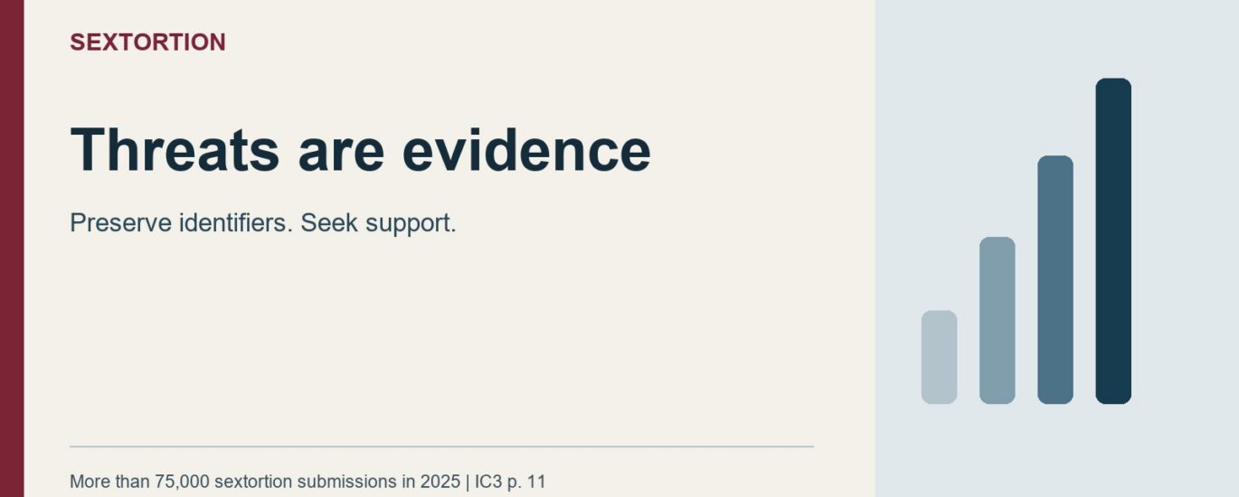 Sextortion: Threats are evidence. Preserve identifiers. Seek support. More than 75,000 sextortion submissions in 2025 | IC3 p. 11
