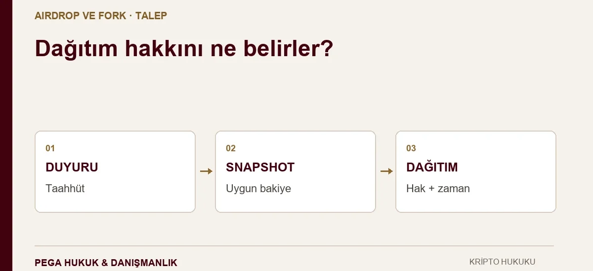 Airdrop ve hard fork dağıtımında duyuru, snapshot uygunluğu ve dağıtım taahhüdünün karşılaştırıldığı şema.