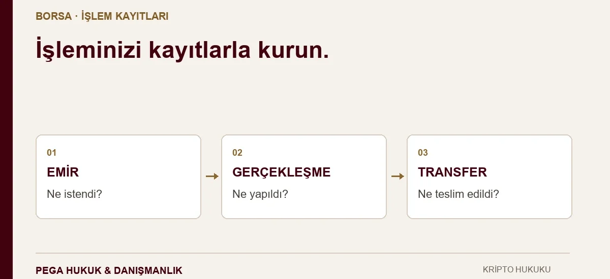 Kripto borsasında emir, gerçekleşme ve transfer kayıtlarının ayrı talep edilmesini gösteren şema.