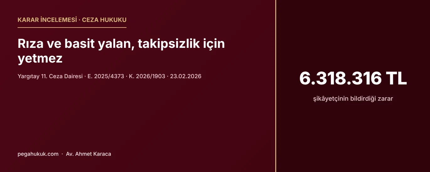 Karar incelemesi kapak görseli: Yargıtay 11. Ceza Dairesi E. 2025/4373, K. 2026/1903 sayılı kararında rıza ve basit yalan gerekçeli kripto takipsizliğe itirazın reddi kanun yararına bozuldu
