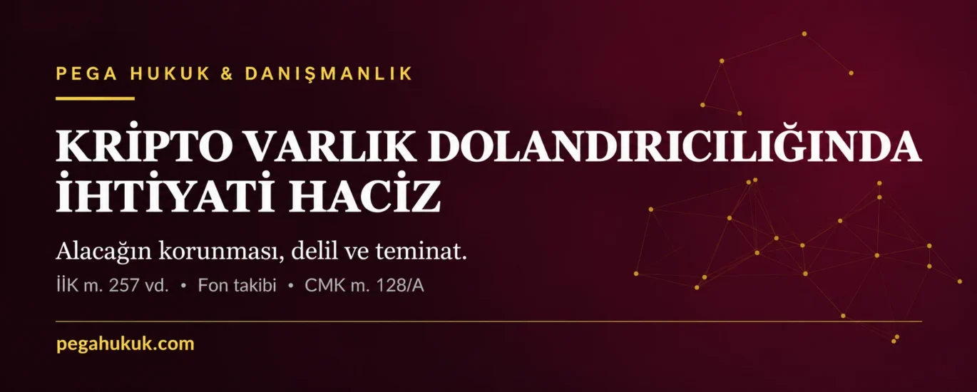 Kripto dolandırıcılığında ihtiyati haciz başlığını ve alacağın korunması, delil ve teminat konularını gösteren PEGA Hukuk kapağı