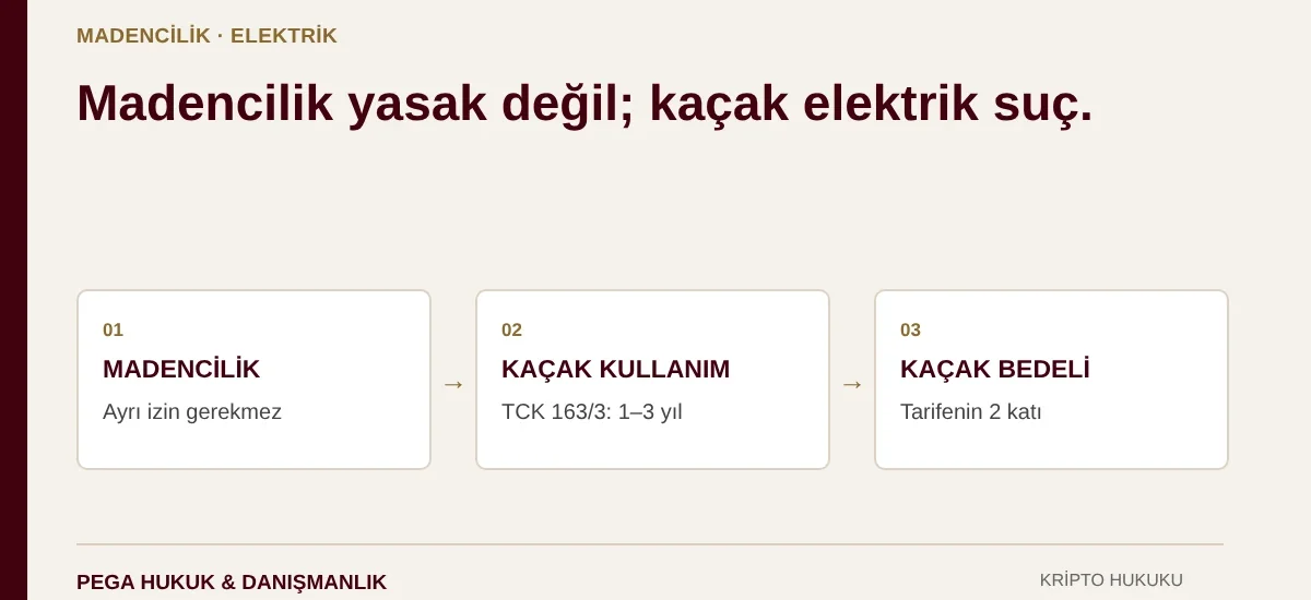 Kripto madenciliği yasal mı: madencilik için ayrı izin yok, kaçak elektrik TCK 163/3 suçu ve kaçak bedeli tarifenin iki katı