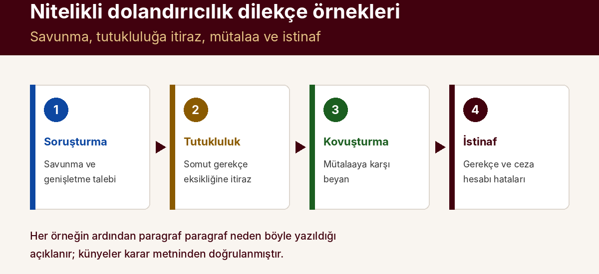 Nitelikli Dolandırıcılık Dilekçe Örnekleri: Savunma, Mütalaaya Karşı Beyan, İstinaf ve Tutukluluğa İtiraz — kapak görseli