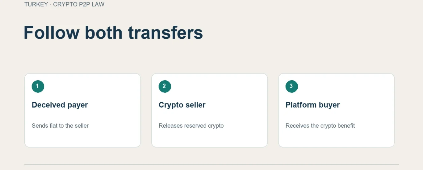 Follow both transfers: Deceived payer; Crypto seller; Platform buyer.