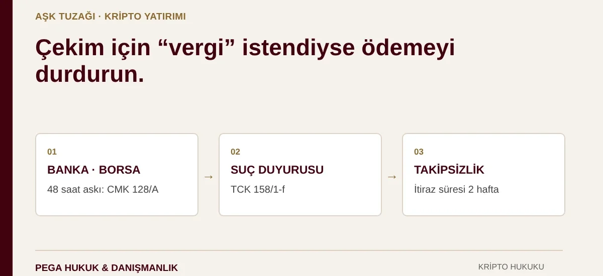 Aşk tuzağıyla kripto yatırım dolandırıcılığında banka ve borsaya bildirim, CMK 128/A askıya alma, TCK 158/1-f suç duyurusu ve iki haftalık itiraz süresi