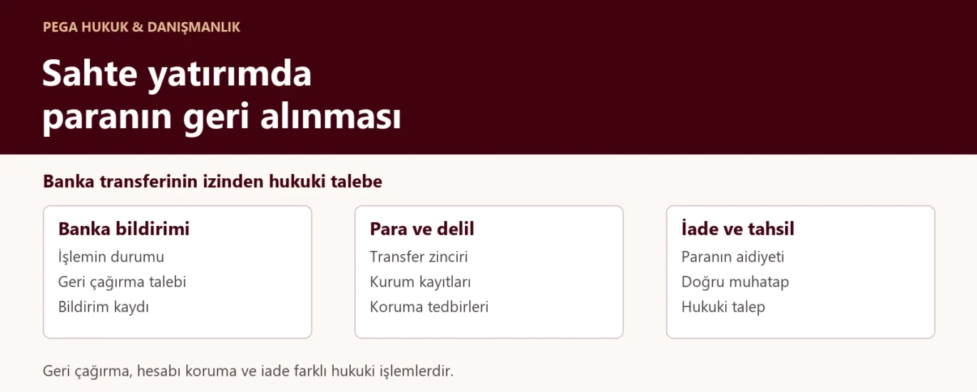 Sahte yatırım için banka transferi sonrasında banka bildirimi, para ve delil araştırması ile iade ve tahsil çalışmalarını gösteren şema