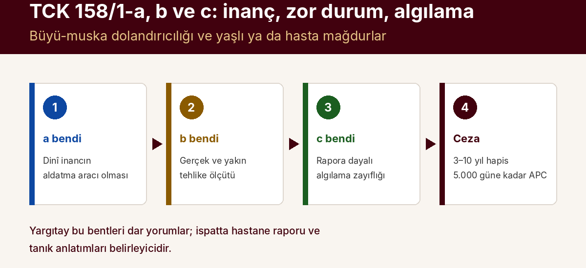 TCK 158/1-a, b ve c: Dinî İnanç (Büyü, Muska), Zor Durum ve Algılama Zayıflığından Yararlanarak Dolandırıcılık — kapak görseli