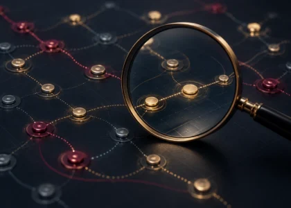 Kripto transferleri arasındaki bağlantıların büyüteçle incelenmesini anlatan temsili görsel