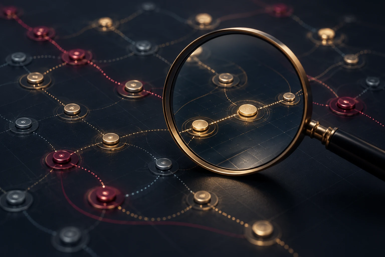 Kripto transferleri arasındaki bağlantıların büyüteçle incelenmesini anlatan temsili görsel