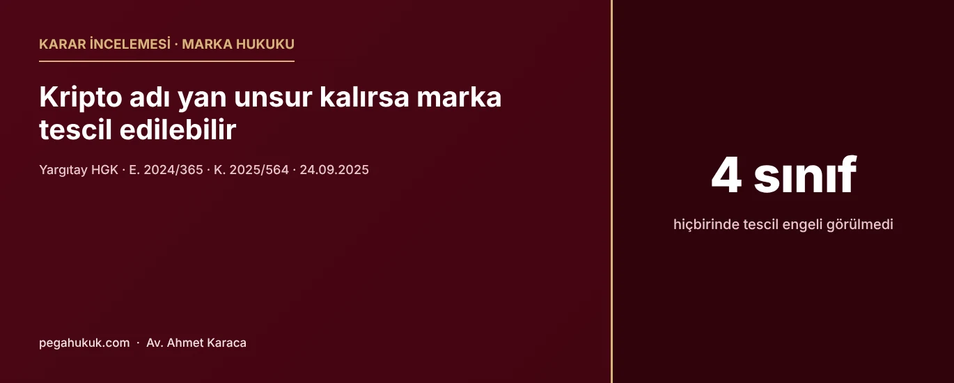 Karar incelemesi kapak görseli: Yargıtay Hukuk Genel Kurulu E. 2024/365, K. 2025/564 sayılı kararında kripto para adının yan unsur kaldığı şekilli markada tescil engeli bulunmadığı