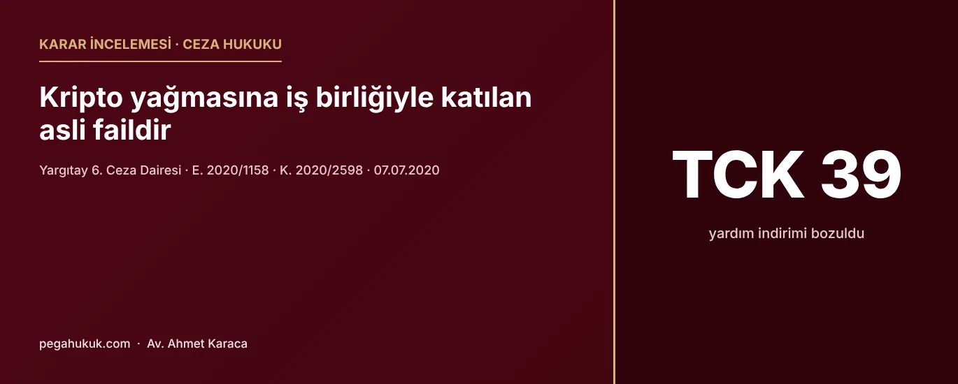 Karar incelemesi kapak görseli: Yargıtay 6. Ceza Dairesi E. 2020/1158, K. 2020/2598 sayılı kararında kripto yağmasına el ve iş birliğiyle katılan sanığın yardım eden değil asli fail sayılması